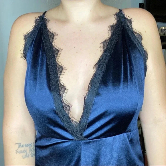 Leith Navy Satin Jumpsuit with Black Lace Trim - Picture 3 of 4